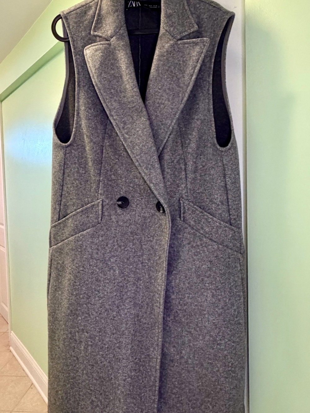 Zara Gray Longline Double-Breasted Sleeveless Vest Size S